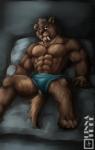 abs anthro athletic bed biceps big_muscles biped bottomwear boxers_(clothing) brown_body brown_fur bulge clothed clothing fangs fur furniture lying male muscular muscular_anthro muscular_male on_back pecs sabertooth_(anatomy) shorts solo teeth topless tusks underwear yellow_eyes cinna-tree felid mammal prehistoric_species saber-toothed_tiger hi_res