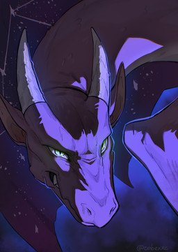 2_horns ambiguous_gender bared_teeth feral green_eyes horn membrane_(anatomy) membranous_wings pupils purple_body purple_scales scales slit_pupils solo teeth white_horn wings cobu mythology dragon mythological_creature mythological_scalie scalie headshot_portrait hi_res portrait