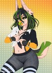 5_fingers anthro black_hair black_sclera breasts clothed clothing eyebrows eyelashes female fingers green_eyes green_hair green_nose hair navel solo sorafoxyteils kari_(yeen_shield) canid canine mammal 2022 digital_media_(artwork) hi_res