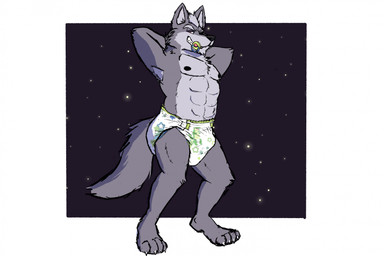 abdl ageplay anthro black_nipples black_nose clothed clothing cosmic_background diaper erection erection_in_diaper front_view fur grey_body grey_ears grey_fur grey_hair grey_inner_ear grey_tail grin hair hands_behind_head infantilism looking_at_viewer male male_anthro muscular muscular_anthro muscular_male narrowed_eyes nipples object_in_mouth pacifier pacifier_in_mouth pattern_diaper pose red_eyes roleplay short_hair smile solo space space_background standing star tail topless wearing_diaper white_diaper blepishepi nintendo star_fox wolf_o'donnell canid canine canis mammal wolf hi_res