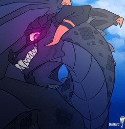 bedroom_eyes black_body black_scales cult cultist female horn looking_at_another narrowed_eyes pink_eyes scales seductive sharp_teeth smug solo teeth skullkid12 mythology re:zero capella_emerada_lugunica changeling_(lorewise) dragon mythological_creature mythological_scalie scalie hi_res