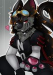 anthro bell bell_collar bottomwear clothed clothing collar eyewear eyewear_on_head goggles goggles_on_head heart_symbol looking_at_viewer male pants pawpads shirt solo t-shirt topwear lovelock novabeast digital_media_(artwork) hi_res