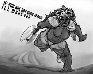 areola axe barbarian barefoot big_weapon breasts cloak clothing death_by_snu_snu double_bitted_axe feet female imminent_rape imminent_sex looking_at_viewer melee_weapon muscular muscular_female muscular_humanoid nipples silly solo text weapon fretka dungeons_and_dragons hasbro wizards_of_the_coast bugbear humanoid shifter english_text monochrome sketch