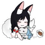 black_hair blush chibi duo eyes_closed facial_markings female food hair head_markings headpat inner_ear_fluff markings meat petting simple_background sitting smile tuft white_background hamze league_of_legends riot_games tencent ahri_(lol) kog'maw_(lol) animal_humanoid canid canid_humanoid canine canine_humanoid fox_humanoid humanoid mammal mammal_humanoid monster 1:1 2015 low_res