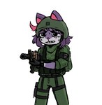 anthro armband backpack bodily_fluids bottomwear bulletproof_vest camo camo_clothing camo_print clock clothed clothing female fur gloves green_clothing gun hair handwear headgear hemlet holding_object holding_weapon pattern_clothing purple_body purple_fur purple_hair ranged_weapon rifle simple_background solo sweat sweatdrop tactical_gear teeth topwear uniform watch weapon white_body white_fur wristwatch vahenshtain escape_from_tarkov vkontakte masyunya_(vkontakte) domestic_cat felid feline felis mammal digital_media_(artwork)