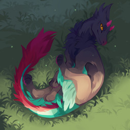 ambiguous_gender blue_body blue_feathers blue_fur chest_tuft feathers feral fluffy fluffy_tail fur grass grey_body grey_fur horn looking_at_viewer lying mouth_closed neck_tuft on_side outside plant pupils red_body red_fur short_horn slit_pupils small_horn solo tail tail_tuft tuft unsigned corzh77 species_request 1:1 absurd_res full-length_portrait hi_res portrait