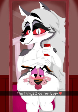 anthro bed bed_frame between_thighs big_hair blush blush_lines breasts cleavage clothed clothing covering covering_breasts duo ear_piercing eyebrow_piercing facial_piercing female fluffy fluffy_tail fur fur_markings furniture hair happy male male/female markings mirror mirror_reflection mirror_selfie nude on_bed pie_cut_eyes piercing pink_body red_eyes reflection selfie simple_background sitting sitting_on_bed smile squish tail thigh_squish tongue tongue_out white_body crazy_8_animations cartoon_network courage_the_cowardly_dog hellaverse helluva_boss mythology courage_the_cowardly_dog_(character) loona_(helluva_boss) canid canid_demon canine canis demon domestic_dog hellhound mammal mythological_canine mythological_creature crossover hi_res shaded simple_shading