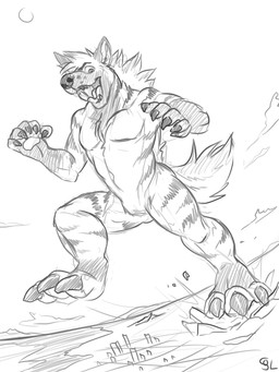 anthro city_destruction claws destruction fangs featureless_crotch finger_claws hair macro male male_anthro markings nude open_mouth short_hair solo standing striped_arms striped_markings striped_tail stripes tail tail_markings teeth toe_claws tongue tongue_out solaxe_(artist) feroswolf canid canine mammal 3:4 monochrome sketch