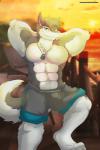 2:3 abs anthro biceps big_muscles biped blue_eyes bottomwear claws clothed clothing discordnight dog_tags fur grey_body grey_fur grey_hair hair hands_behind_head hi_res looking_at_viewer male muscular muscular_anthro muscular_male pecs sergal shorts smile solo standing tail teeth toe_claws topless ursofofinho white_body white_fur