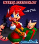 anthro big_breasts black_stripes blue_eyes box breasts clothed clothing container costume detailed_background duo female fur gift hair holidays in_box in_container merry_christmas night orange_body orange_fur red_hair santa_costume sky star starry_sky stripes tail toony nekonny caribbean_blue christmas nekonny_(fursona) tina_(caribbean_blue) domestic_cat felid feline felis mammal pantherine tiger