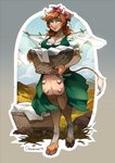 anthro breasts breasts_and_teats brown_hair clothing cloud dress female freckles hair hooves horn laundry outside smile solo standing teats udders chadzime changeling_tale marion_(changeling_tale) bovid bovine cattle mammal 2019