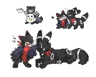 ambiguous_gender anthro bite black_body black_eyes black_fur black_nose black_text closed_smile duo empty_eyes eyes_closed feral fluffy fluffy_tail fur markings motion_lines mouth_closed one_eye_closed pawpads paws quadruped red_body red_eyes red_fur simple_background smile standing tail text tongue tongue_out white_background white_body white_eyes white_fur white_markings aaasakawa hollow_knight_(franchise) nintendo pokemon team_cherry grimmchild_(hollow_knight) the_knight_(hollow_knight) canid canine eevee eeveelution felid feline floragato generation_1_pokemon generation_2_pokemon generation_9_pokemon mammal pokemon_(species) umbreon 2026 english_text hi_res