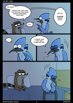 anthro ashtray bed blunt dialogue drugs duo furniture male marijuana on_bed pillow profanity sad speech_bubble text fudatsu cartoon_network regular_show mordecai_(regular_show) rigby_(regular_show) avian bird blue_jay corvid jay_(bird) mammal new_world_jay oscine passerine procyonid raccoon 2026 comic english_text hi_res