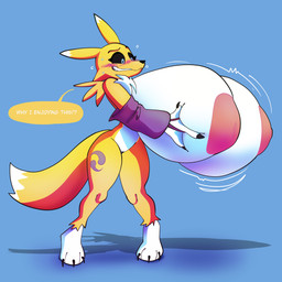anthro big_breasts blue_background breasts female fur simple_background solo speech_bubble text yellow_body yellow_fur klacket bandai_namco digimon digimon_(species) renamon 2025 absurd_res hi_res