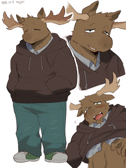 anthro antlers blush bottomwear brown_clothing brown_hoodie brown_topwear clothed clothing collared_shirt denim denim_bottomwear denim_clothing dress_shirt eyes_closed footwear green_clothing green_eyes green_footwear green_shoes grey_clothing grey_shirt grey_topwear hand_in_pocket hoodie horn jeans male navel open_mouth pants pockets raised_clothing raised_shirt raised_topwear shirt shoes simple_background solo topwear white_background sanjiro deer mammal moose new_world_deer 2023 3:4 dated hi_res