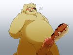 2018 4:3 anthro balls belly blush canid canine canis domestic_dog erection food food_fetish food_insertion food_play genitals humanoid_genitalia humanoid_penis improvised_sex_toy kemono male mammal moobs navel nipples overweight overweight_anthro overweight_male penetration penis simple_background solo tongue tongue_out urethral urethral_penetration wdh3905