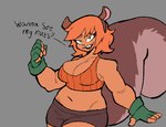 big_breasts big_tail bottomwear breasts brown_bottomwear brown_clothing brown_shorts buckteeth cleavage clothed clothing crop_top female fingerless_gloves gloves green_clothing green_eyes green_gloves green_handwear grey_background hair handwear looking_at_viewer midriff open_mouth open_smile orange_hair shirt short_hair shorts simple_background smile smiling_at_viewer solo squirrel_tail tail talking_to_viewer tan_body tan_skin teeth text topwear wide_hips aaaaaron122 marvel squirrel_girl_(marvel) animal_humanoid humanoid mammal mammal_humanoid rodent rodent_humanoid sciurid sciurid_humanoid tailed_humanoid tree_squirrel_humanoid absurd_res digital_drawing_(artwork) digital_media_(artwork) english_text flat_colors hi_res