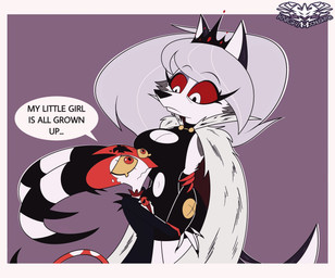 anthro black_clothing black_dress bodily_fluids breasts cape clothed clothing crown crying dress duo female fur grey_body grey_fur hair headgear horn hug male red_body red_eyes simple_background suit tail tears text white_body white_fur knightmoonlight98 hellaverse helluva_boss mythology blitzo_(helluva_boss) loona_(helluva_boss) canid canid_demon canine demon hellhound imp mammal mythological_canine mythological_creature 2023 digital_media_(artwork) english_text hi_res adopted_(lore) adopted_daughter_(lore) adoptive_father_(lore)