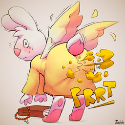 anthro beads bible_(object) blush book butt clothing cross dress emanata embarrassed eyelashes fart fart_cloud feathers female freckles frown fur leaning leaning_forward looking_at_viewer looking_back looking_back_at_viewer motion_lines orange_fart_cloud pink_nose prayer_beads rabbit_ears reaching_down rear_view rosary simple_background solo sound_effects tan_background text two_tone_wings vowelless vowelless_sound_effect white_body white_fur white_wings wings yellow_clothing yellow_dress yellow_wings jubb angel_hare the_east_patch angel_gabby angel lagomorph leporid mammal rabbit 1:1 2024 artist_name