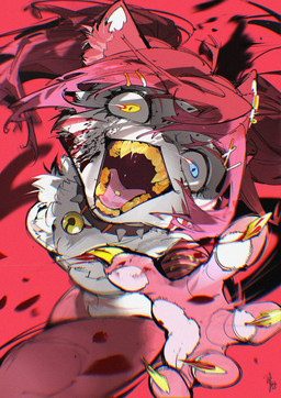 5_fingers accessory action_pose anthro arm_strap bell bell_collar biped blood blood_on_face blue_eyes blue_pupils bodily_fluids claws collar ear_piercing ear_ring eye_trail female fingerpads fingers foreshortening front_view fur hair hair_accessory heterochromia inner_ear_fluff jingle_bell jingle_bell_collar looking_at_viewer nude nude_anthro nude_female open_mouth open_smile pawpads piercing pink_body pink_fur pink_pawpads pink_tongue pose pupils reaching_towards_viewer red_background red_hair red_inner_ear_fluff ring_piercing ringed_iris saliva simple_background slit_pupils smile smiling_at_viewer snout solo spiked_collar spikes teeth tongue tongue_piercing tongue_showing tongue_stud tuft white_body white_fur white_inner_ear yellow_claws yellow_eyes yellow_pupils yellow_teeth chiayeeee felid mammal 2026 colored digital_drawing_(artwork) digital_media_(artwork) hi_res portrait signature three-quarter_portrait