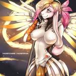 anthro breasts clothed clothing energy_wings female nipple_piercing nipples piercing smile solo standing unusual_anatomy unusual_wings wide_hips wings pocketcookie blizzard_entertainment overwatch mercy_(overwatch) lagomorph leporid mammal rabbit 1:1 hi_res