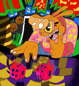 abstract_art abstract_background ambiguous_gender anthro biped brown_body clothing coconut curly_hair d6 dice dice_roll doorway drupe_(fruit) ears_back eyewear food fruit furniture glasses grass hair heart_print pink_clothing pink_eyewear pink_glasses pink_nose pink_topwear pivoted_ears plant sharp_teeth smile solo table teeth tongue_in_mouth topwear tree wearing_glasses yellow_sclera rexalogy lagomorph leporid mammal rabbit