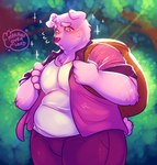 anthro backpack belly big_belly blush bottomwear clothing male moobs outside overweight overweight_male pants pink_body plant shirt solo topwear tree dongoverlord unicorn_wars gordi_(unicorn_wars) bear mammal 2023 hi_res