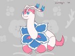 ambiguous_gender blue_eyes bow_ribbon claws eeveelution feral flesh_ribbon flower fur fusion generation_2_pokemon generation_6_pokemon hybrid meganium nintendo no_ears pink_body pink_fur pink_tail plant pokemon pokemon_(species) pokemon_fusion ribbons solo sourmagic sylveon tail white_body white_fur