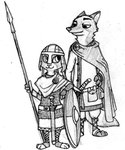 3_toes 4_fingers anglo-saxon ankle_wraps anthro armor belt belt_pouch bottomwear bracers brooch cape chainmail cloak closed_smile clothing dipstick_ears dipstick_tail duo ear_markings ears_down eye_contact eyebrows feet female fingers foot_wraps grey_cloak grey_clothing half-closed_eyes hand_on_hip headgear helm_(armor) helmet holding_melee_weapon holding_object holding_polearm holding_spear holding_weapon knife looking_at_another male markings melee_weapon mouth_closed multicolored_ears multicolored_tail narrowed_eyes pants pivoted_ears polearm raised_eyebrow round_shield scabbard sheathed_sword sheathed_weapon shield shirt simple_background smile spear sword tail tail_markings toes topwear tunic weapon white_background white_bottomwear white_clothing white_pants wraps labjer disney zootopia judy_hopps nick_wilde canid canine fox lagomorph leporid mammal rabbit red_fox true_fox 2016 black_and_white full-length_portrait graphite_(artwork) monochrome portrait traditional_media_(artwork)