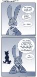 2016 anthro canid canine clothed clothing comic dialogue disney duo english_text fan_character female fox hi_res july_hopps_(mistermead) lagomorph leporid male mammal monochrome nick_wilde police police_uniform rabbit red_fox rockbottomfeeder simple_background speech_bubble text true_fox uniform zootopia