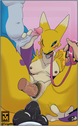 anal anthro bdsm belly black_nipples black_penis black_sclera black_vulva blue_body blue_eyes blue_scales blush bodily_fluids breasts butt clenched_teeth clothing collar female foursome fur fur_markings genital_fluids genitals gloves gloves_only group group_sex half-closed_eyes handjob handwear handwear_only holding_leash holding_object knot leash male male/female markings mostly_nude narrowed_eyes navel nipples nude penetration penile penis petplay precum roleplay scales sex spread_butt spreading submissive submissive_anthro submissive_female teeth tongue tongue_out vaginal vaginal_penetration vein veiny_penis vulva yellow_body yellow_fur yellow_scales tenge_mage bandai_namco digimon canid canine digimon_(species) flamedramon fox guilmon human mammal renamon reptile scalie hi_res