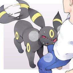 ambiguous_gender black_body black_eyes black_fur blue_bottomwear blue_clothing blue_pants blush bottomwear bulge bulge_on_face clothing crotch_sniffing duo erection erection_under_clothing feral fur male markings pants red_sclera romantic sniffing tail tail_motion tailwag yellow_markings youjomodoki nintendo pokemon eeveelution generation_2_pokemon human mammal pokemon_(species) umbreon 1:1 2025 absurd_res hi_res