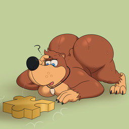 anthro ass_up big_butt black_claws black_nose black_toe_claws blue_eyes bodily_fluids brown_body brown_ears brown_fur brown_hair brown_tail bubble_butt butt butt_from_the_front claws confusion cross-popping_vein emanata eyebrows fur green_background hair half-closed_eyes hand_on_head hand_on_own_head huge_butt jewelry lying male motion_lines multicolored_body multicolored_fur muscular muscular_anthro muscular_male narrowed_eyes necklace nude on_front open_mouth pecs puzzle_piece question_mark shadow shark_tooth_necklace short_tail simple_background solo sweat tail thick_thighs three-quarter_view toe_claws tuft two_tone_body two_tone_fur vein colossalstars banjo-kazooie rareware banjo_(banjo-kazooie) bear mammal 1:1 2025 absurd_res digital_media_(artwork) hi_res