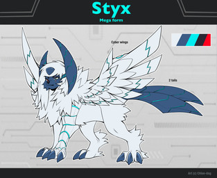 3_toes ambiguous_gender blue_eyes claws cybernetic_arm cybernetic_limb feet feral fur hair heterochromia horn red_eyes scar solo standing tail toe_claws toes white_body white_fur white_hair wings chloe-dog nintendo pokemon styx_(blue-wolfy) generation_6_pokemon mega_absol mega_evolution pokemon_(species) 2026 absurd_res digital_drawing_(artwork) digital_media_(artwork) hi_res model_sheet male_(lore)
