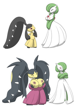 anthro before_and_after big_breasts bragging breast_envy breasts comparing comparing_breasts duo evolution_(transformation) female flat_chested hair_mouth huge_breasts nipples pink_nipples simple_background transformation white_background hybridprojectalpha nintendo pokemon gardevoir generation_3_pokemon generation_6_pokemon mammal mawile mega_evolution mega_mawile monster pokemon_(species) digital_media_(artwork) full-length_portrait hi_res portrait