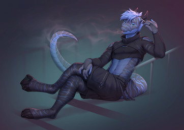 4_fingers 4_toes anthro biped blue_eyes blue_hair blue_stripes bottomwear claws clothed clothed_anthro clothed_male clothing feet finger_claws fingers front_view fully_clothed fully_clothed_anthro fully_clothed_male grey_body grey_tail hair horn looking_at_viewer male markings sitting solo striped_body striped_markings striped_tail stripes tail tail_markings teeth toe_claws toes topwear smileeeeeee mythology dragon mythological_creature mythological_scalie scalie 2025 digital_drawing_(artwork) digital_media_(artwork) hi_res