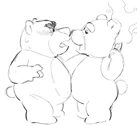 anthro bear_tail biped black_eyes black_nose blush bodily_fluids cigarette dot_eyes duo eyebrows gesture half-closed_eyes hand_gesture looking_at_another male narrowed_eyes open_mouth plushie simple_background simple_eyes smoke standing sweat tension thick_eyebrows tongue white_background white_sclera lyamsparkle disney pixar ted_(franchise) toy_story lotso ted_(ted) animate_inanimate bear living_plushie living_toy mammal teddy_bear_(species) 2026 digital_drawing_(artwork) digital_media_(artwork) monochrome sketch