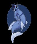 aberration_(dredge) ambiguous_gender blue_body blue_hair claws dredge_(game) fin gills hair humanoid legless mackerel_(fish) marine merfolk puppetmaster13uwu red_eyes scales sharp_teeth solo split_form teeth