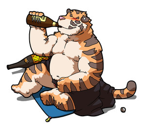 anthro belly clothing drunk eyes_closed humanoid_hands kemono male moobs navel overweight overweight_anthro overweight_male pink_nose simple_background sitting solo substance_intoxication underwear white_background ao_(pixiv_145813) felid mammal pantherine tiger 2010
