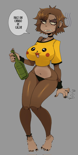 4_fingers anklet anthro big_breasts black_clothing black_panties black_underwear black_wristband bottle bra_strap breasts brown_body brown_hair censored_feet cigarette clothed clothed_anthro clothed_female clothing container dialogue ear_piercing eyebrow_piercing eyebrow_through_hair eyebrows facial_piercing feet female female_anthro fingers front_view glistening_eyelids hair holding_bottle holding_cigarette holding_container holding_object jewelry navel off_shoulder open_mouth open_smile panties piercing pikachu_shirt shirt simple_background small_waist smile smoking smoking_cigarette solo speech_bubble text toes topwear translucent translucent_hair underwear wristband zzzilart nintendo pokemon regina_martinez_(zzzilart) generation_1_pokemon haplorhine mammal monkey pikachu pokemon_(species) primate 2025 censored digital_media_(artwork) full-length_portrait hi_res mosaic_censorship portrait spanish_text