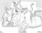 anthro bodily_fluids breakdancing cheering dancing electronics female furniture group hooves male sharp_teeth smile sofa sweat teeth television akella disney pack_street zootopia betty_(weaver) fan_character marty_(weaver) pandora_(weaver) remmy_cormo bovid canid canine canis caprine domestic_sheep felid mammal mustelid musteline pantherine sheep stoat tiger true_musteline weasel wolf greyscale monochrome