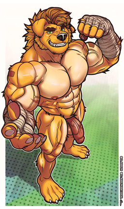 abs anthro balls bandage biceps calf_muscles deltoids fangs feet floppy_ears foreskin fur genitals green_eyes humanoid_genitalia humanoid_penis male muscular muscular_male nipples nude open_mouth pawpads paws pecs penis solo teeth trapezius vein veiny_penis yellow_body yellow_fur cl.rudolph mythology garth_mentzel_monroe canid canine mammal mythological_canine mythological_creature werecanid werecanine werecreature werewolf absurd_res hi_res