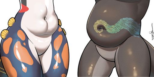anthro belly belly_overhang big_belly duo featureless_crotch glistening glistening_body male male/male muffin_top multicolor pear-shaped_figure scales thick_thighs wide_hips kyzersoken trarrows_romeri wuwink cotylorhynchus fish hybrid marine prehistoric_species scombrid scombriform spotted_eagle_ray synapsid tuna absurd_res hi_res