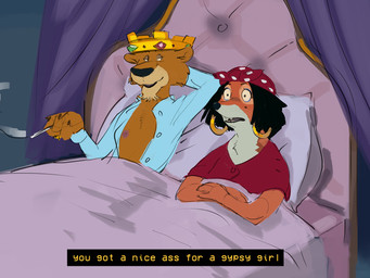 accidentally_gay after_sex after_sex_smoking anthro bed bed_sheet bedding biped black_hair brown_body brown_fur clothed clothing crossdressing crossdressing_male crown duo ear_piercing ear_ring femboy fur furniture hair headgear humor lying male male/male mistaken_identity multicolored_body multicolored_fur on_back on_bed open_clothing open_shirt open_topwear orange_body orange_fur piercing pillow racial_slur ring_piercing shirt smoking tan_body tan_fur topwear white_body white_fur wide_eyed magnetus disney i_love_when_ppl_draw_ships_like_this robin_hood_(disney) prince_john robin_hood canid canine felid fox lion mammal pantherine 2026 4:3 digital_media_(artwork) meme