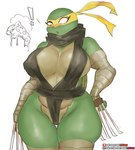 anthro big_breasts breasts cleavage clothed clothing curvy_figure exclamation_point female food green_body huge_breasts mask melee_weapon multicolored_body nipple_outline non-mammal_breasts open_mouth patreon_logo pizza solo squish subscribestar_logo tan_body text thick_thighs thigh_squish two_tone_body voluptuous weapon white_eyes wide_hips wraps girlsay patreon subscribestar teenage_mutant_ninja_turtles teenage_mutant_ninja_turtles_(idw) jennika_(tmnt) reptile scalie turtle hi_res portrait three-quarter_portrait url