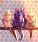 abstract_background eyes_closed feral front_view group horn light scales sitting sunlight trio_focus errokioslem mythology red-izak_(character) smonia avian bird cockatiel cockatoo dragon mythological_creature mythological_scalie parrot scalie hi_res