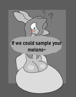 anthro big_breasts biped blush breasts cleavage clothed clothing dialogue ears_back female grey_background hair huge_breasts long_hair pivoted_ears question_mark simple_background solo speech_bubble standing text topwear jizzus dawn_(tabuley) jivii_(jizzus) arthropod english_text greyscale low_res monochrome