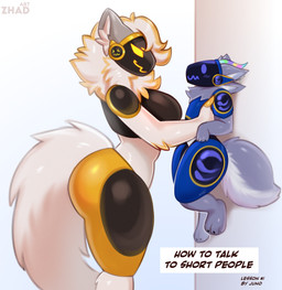 anthro biped clothing duo extreme_size_difference female fluffy fur glowing glowing_eyes holding_character machine male male/female protogen_armor protogen_face protogen_visor screen screen_face side_view simple_background size_difference smile standing tail text zhadart my_furry_protogen juno_(my_furry_protogen) raeal_the_protogen mammal protogen absurd_res digital_drawing_(artwork) digital_media_(artwork) english_text hi_res