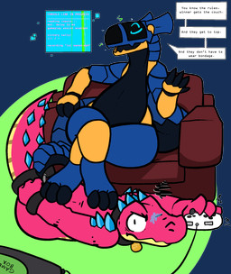 3_toes 4_fingers ambiguous_gender anthro arms_tied black_body black_tongue blue_body blue_spikes blush bound chair collar controller dialogue duo electronics emanata eyes_closed feet fingers foot_on_back furniture game_console game_controller hands_behind_back lying machine metallic_body multicolored_body multicolored_scales on_front open_mouth pink_body pink_scales scales simple_background sitting speech_bubble spikes spikes_(anatomy) tail tail_tied tan_body tan_scales text thick_tail thick_thighs toes tongue two_tone_body two_tone_scales wide_hips yellow_body trout_(artist) alligator alligatorid android crocodilian reptile robot scalie synth_(vader-san) 2020 aliasing alpha_channel digital_media_(artwork) english_text hi_res