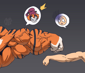 anthro big_muscles duo female huge_muscles muscular vein veiny_muscles agonwolfe anon felid human mammal pantherine tiger hi_res